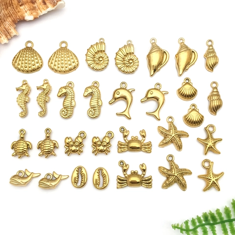Stainless Steel Ocean Theme DIY Jewelry Findings Gold Plated Seahorse Dolphin Starfish Shell Whale Marine Life Pendants For Necklaces Bracelets Crafts Accessories