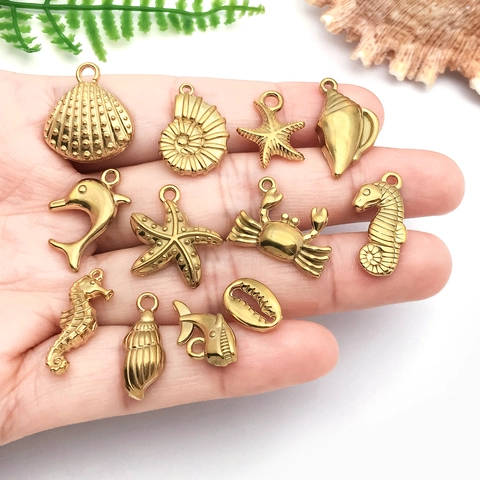 Stainless Steel Ocean Theme DIY Jewelry Findings Gold Plated Seahorse Dolphin Starfish Shell Whale Marine Life Pendants For Necklaces Bracelets Crafts Accessories