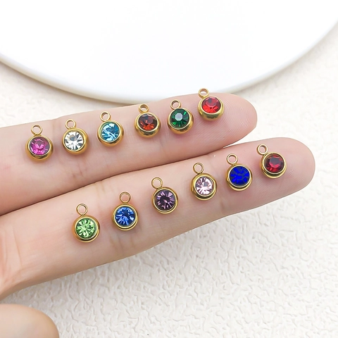 12 Colores Colgantes Redondos De Acero Inoxidable Piedra De Nacimiento Zirconia Multicolor Accesorios De Joyería Para Collar DIY
