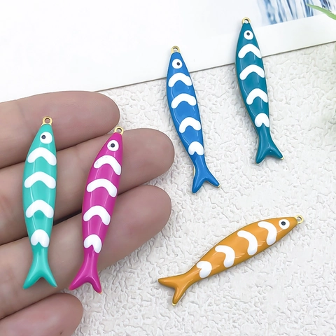 Double Sided Enamel Stainless Steel Long Fish Pendant Colorful Sea Animal Charm For DIY Necklace Bracelet Jewelry Making