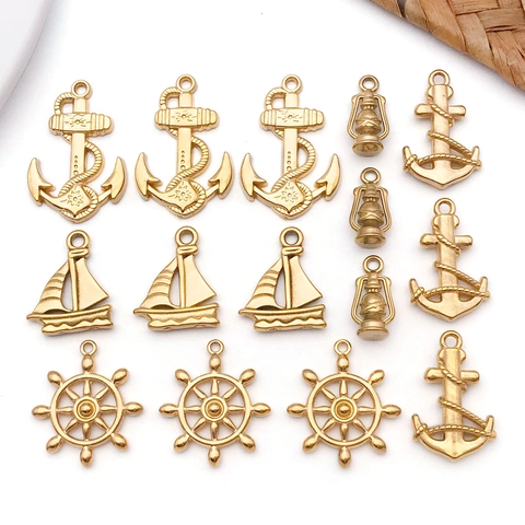 Stainless Steel Gold Nautical Charms Anchor Ship Wheel Sailboat Lighthouse Pendants For DIY Necklace Jewelry Making Accessories