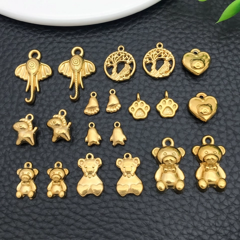 Vacuum Plated Gold Stainless Steel Animal Charms Teddy Bear Elephant Penguin Heart Tree Of Life DIY Jewelry Making Pendants