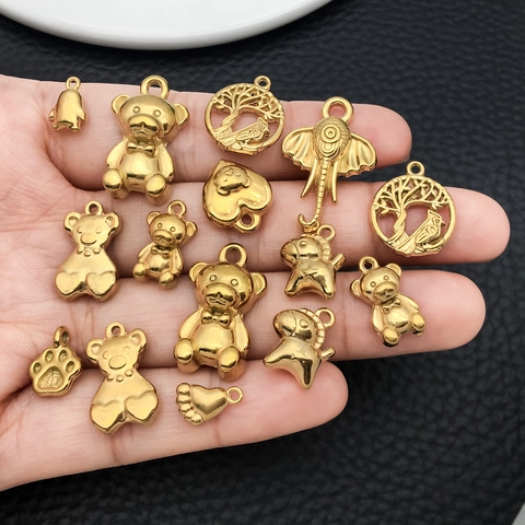 Vacuum Plated Gold Stainless Steel Animal Charms Teddy Bear Elephant Penguin Heart Tree Of Life DIY Jewelry Making Pendants