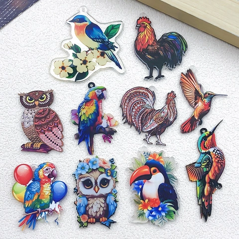Dijes de Pájaros de Acrílico Artístico Colgantes Estampados de Búho Loro Coloridos para Accesorios de Fabricación de Joyería DIY