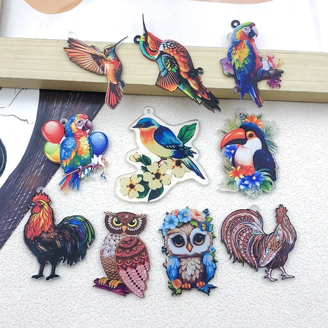 Dijes de Pájaros de Acrílico Artístico Colgantes Estampados de Búho Loro Coloridos para Accesorios de Fabricación de Joyería DIY