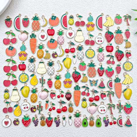 Assorted Fruit Vegetable Enamel Alloy Charms Assorted Resin Strawberry Pineapple Pendants For DIY Keychain Jewelry Making Accessory