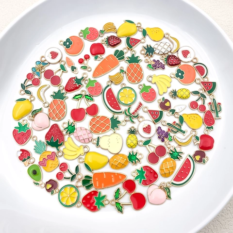 Assorted Fruit Vegetable Enamel Alloy Charms Assorted Resin Strawberry Pineapple Pendants For DIY Keychain Jewelry Making Accessory