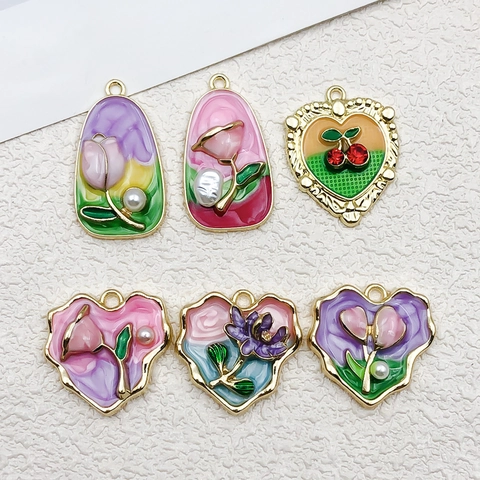 Vintage French Monet Garden Style Zinc Alloy Enamel Flower Heart Pendants DIY Jewelry Charms With Artificial Pearl Rhinestone