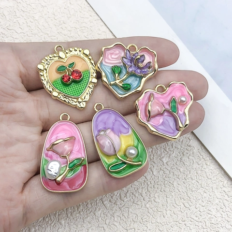 Vintage French Monet Garden Style Zinc Alloy Enamel Flower Heart Pendants DIY Jewelry Charms With Artificial Pearl Rhinestone