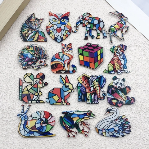 Double Sided Mosaic Animal Acrylic Pendants For DIY Jewelry Making Keychain Necklace Accessory Cat Elephant Owl Geometric Charms