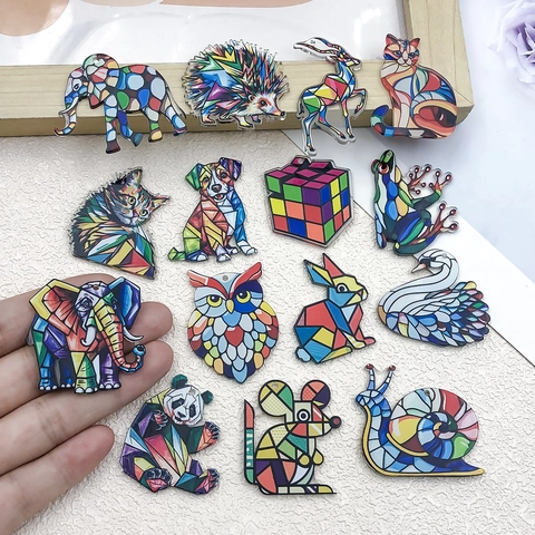 Double Sided Mosaic Animal Acrylic Pendants For DIY Jewelry Making Keychain Necklace Accessory Cat Elephant Owl Geometric Charms