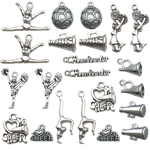 Vintage Antique Silver Sports Cheerleading DIY Charms Pendants Zinc Alloy Football Megaphone Gymnastics Girl Jewelry Making Accessorie