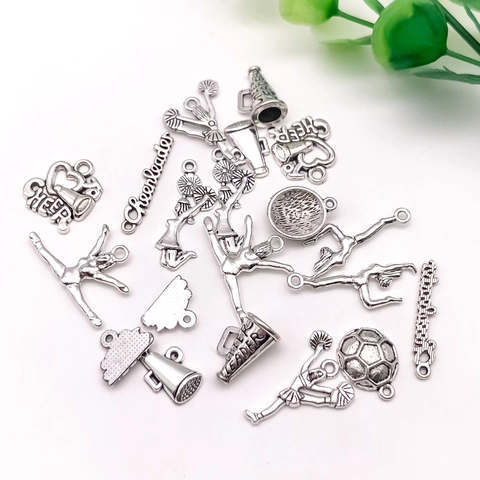 Vintage Antique Silver Sports Cheerleading DIY Charms Pendants Zinc Alloy Football Megaphone Gymnastics Girl Jewelry Making Accessorie