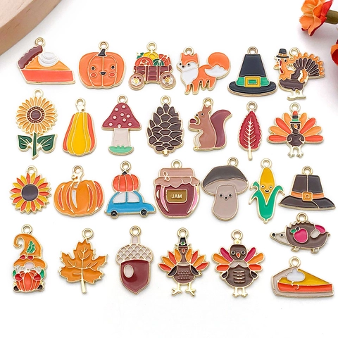 Thanksgiving Enamel Charms Zinc Alloy Pumpkin Turkey Squirrel Fox Autumn Harvest Pendants For DIY Jewelry Making Crafts