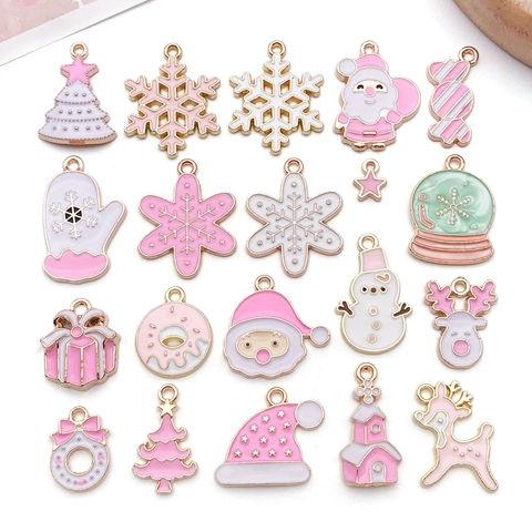 DIY Christmas Charms For Jewelry Making Alloy Enamel Santa Snowflakes Reindeer Trees Pink White Bracelet Necklace Pendants Accessory