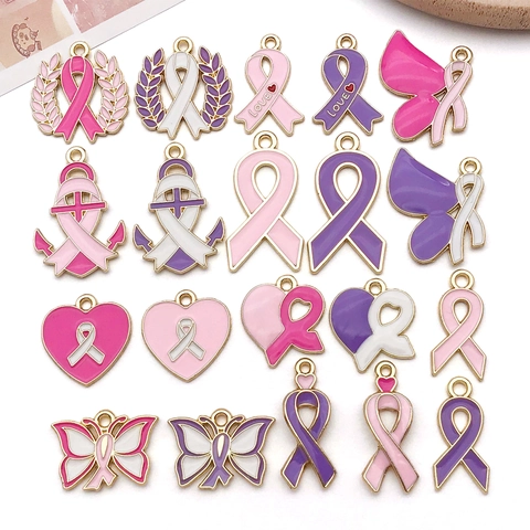 Zinc Alloy Awareness Ribbon Enamel Charms For DIY Jewelry Making Pink Purple Heart Bowknot Shape Pendants Craft Accessories