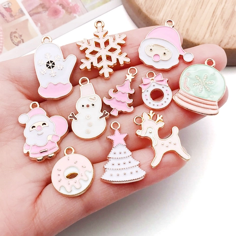 DIY Christmas Charms For Jewelry Making Alloy Enamel Santa Snowflakes Reindeer Trees Pink White Bracelet Necklace Pendants Accessory