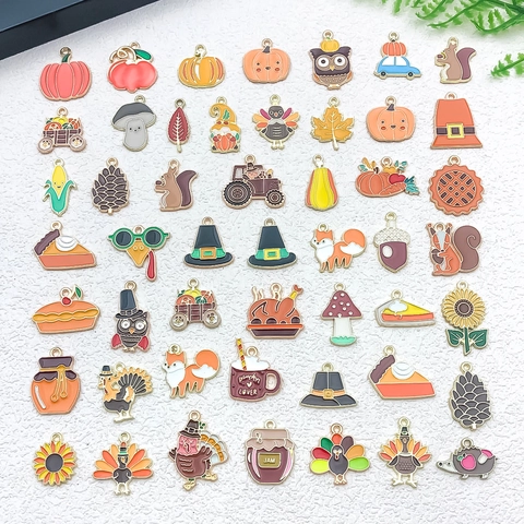 Thanksgiving Autumn Alloy Drip Oil Pendants Set Pumpkin Turkey Maple Leaf Enamel Charms For Jewelry Making DIY Keychain Craft