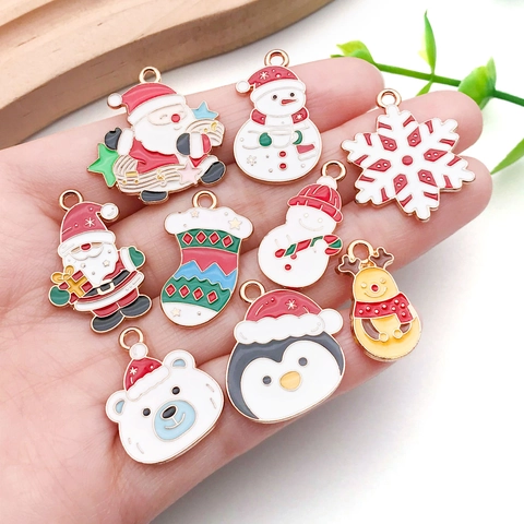 Christmas Alloy Enamel Drip Oil Pendants Santa Claus Snowman Elk Penguin Tree Charms For DIY Jewelry Making Accessories