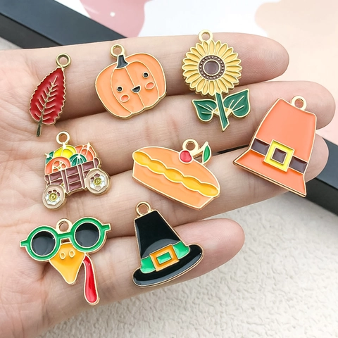 Thanksgiving Autumn Alloy Drip Oil Pendants Set Pumpkin Turkey Maple Leaf Enamel Charms For Jewelry Making DIY Keychain Craft