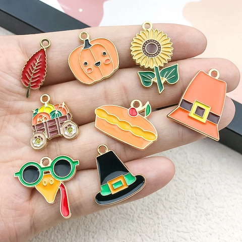 Thanksgiving Autumn Alloy Drip Oil Pendants Set Pumpkin Turkey Maple Leaf Enamel Charms For Jewelry Making DIY Keychain Craft