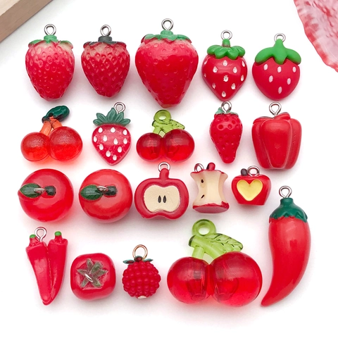 Simulation Red Fruit Vegetable Resin Charms For DIY Jewelry Making Strawberry Cherry Apple Chili Pendants With Metal Loop