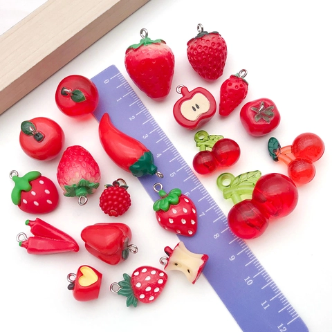 Simulation Red Fruit Vegetable Resin Charms For DIY Jewelry Making Strawberry Cherry Apple Chili Pendants With Metal Loop