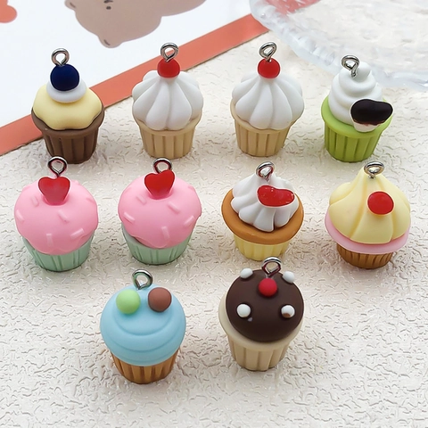 Cute Simulation Resin Cupcake Pendants For DIY Jewelry Making Keychain Earrings Sweet Food Play Heart Fruit Charms