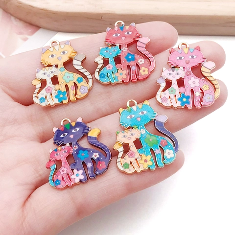 DIY Alloy Enamel Cat Pendant Floral Print Cartoon Animal Charm For Necklace Keychain Jewelry Making Supplies Accessory