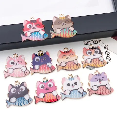 Zinc Alloy Enamel Cartoon Cat Holding Fish Pendants Cute Kitten Animal Jewelry Charms For DIY Bracelet Necklace Keyring Making