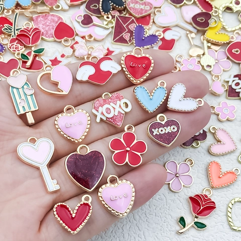 Romantic Valentine Day Zinc Alloy Enamel Heart Rose Flower Charms For DIY Necklace Bracelet Jewelry Making Accessories For Women
