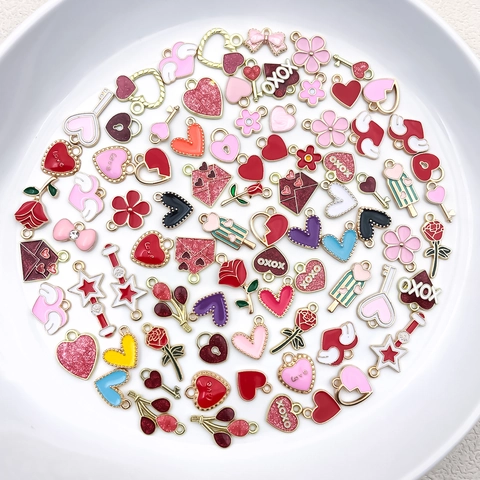 Romantic Valentine Day Zinc Alloy Enamel Heart Rose Flower Charms For DIY Necklace Bracelet Jewelry Making Accessories For Women