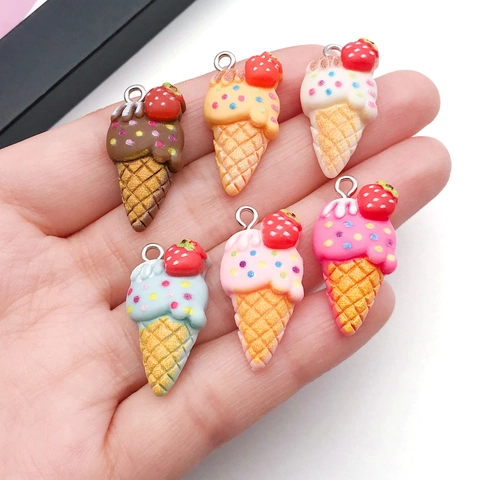 Resin Strawberry Ice Cream Cone Pendants For DIY Jewelry Making Colorful Sweet Food Charms For Necklace Bracelet Keychain Accessory