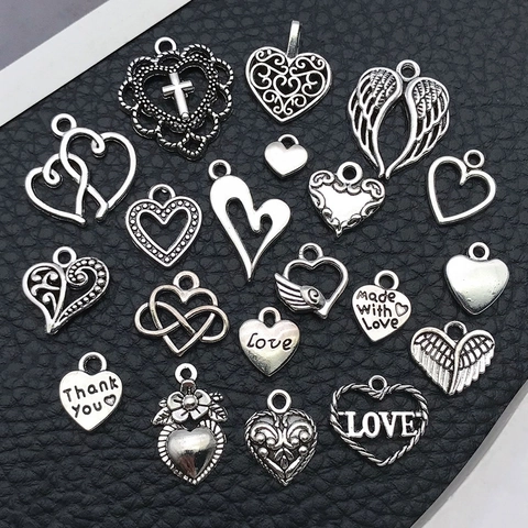 Vintage Zinc Alloy Heart Pendants For DIY Jewelry Making Antique Silver Hollow Out Wing Cross Engraved Charms Necklace Crafting