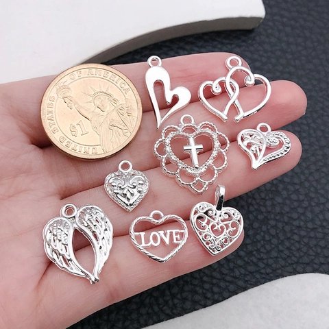 Bright Silver Zinc Alloy Heart Pendants Assorted DIY Jewelry Accessories For Necklace Bracelet Engraved Love Winged Heart Charms Craft Findings