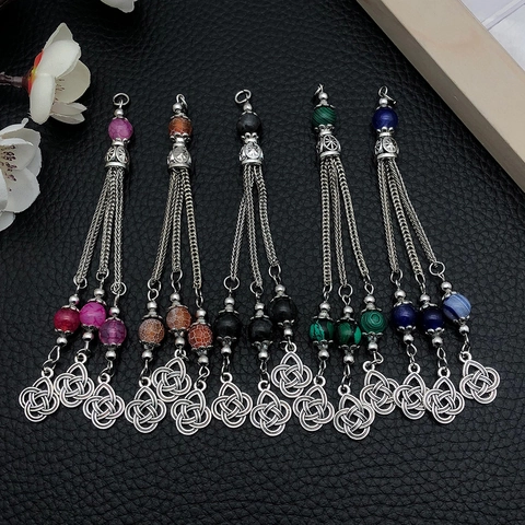 Vintage Zinc Alloy Ethnic Tribal Tassel Pendant Artificial Agate Bead Celtic Knot Flower Charm For DIY Jewelry Making Accessories