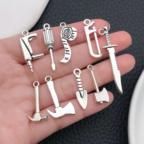 Breloques en Alliage d'Argent Antique Outils Vintage Matériel Clé Marteau Scie pour Collier DIY Bracelet Boucle d'Oreille Bijoux
