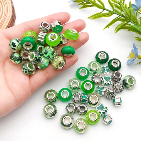 Perles à Large Trou en Résine et Alliage de Zinc Vert pour Fabrication de Bijoux Bracelet DIY Design Floral Cœur Papillon