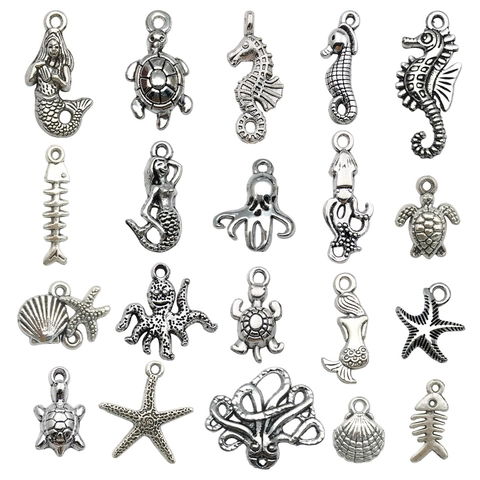 Antique Silver Alloy Marine Life Pendants Seahorse Turtle Starfish Octopus Mermaid Fish Bone Shell For DIY Jewelry Making