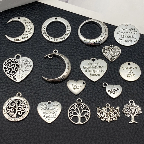 Vintage Zinc Alloy Letter Engraved Pendants Heart Moon Tree Of Life Charms For Mother's Day DIY Jewelry Making Accessories