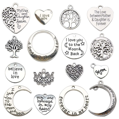Vintage Zinc Alloy Letter Engraved Pendants Heart Moon Tree Of Life Charms For Mother's Day DIY Jewelry Making Accessories