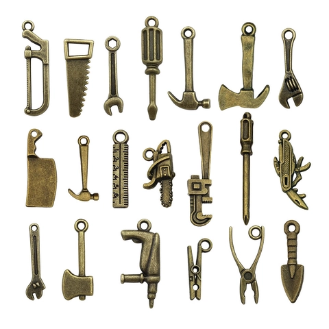 Vintage Zinc Alloy Simulation Tool Charms Antique Bronze Silver Gold Pendants Wrench Hammer Saw Axe For DIY Jewelry Making