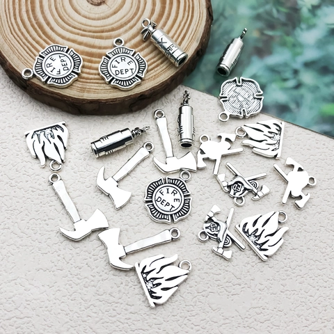 Retro Ancient Silver Firefighter Theme Alloy Charms Fire Extinguisher Axe Flame Badge Pendants For DIY Jewelry Making