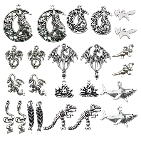 Antique Silver Alloy Animal Charms Pendants For DIY Jewelry Making Vintage Dinosaur Fox Dragon Shark Snake Pendant Accessory