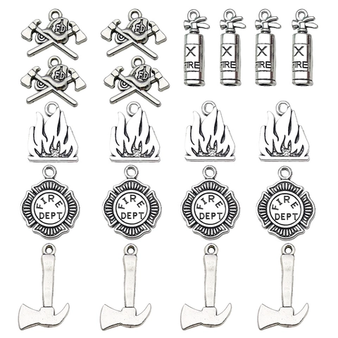Retro Ancient Silver Firefighter Theme Alloy Charms Fire Extinguisher Axe Flame Badge Pendants For DIY Jewelry Making