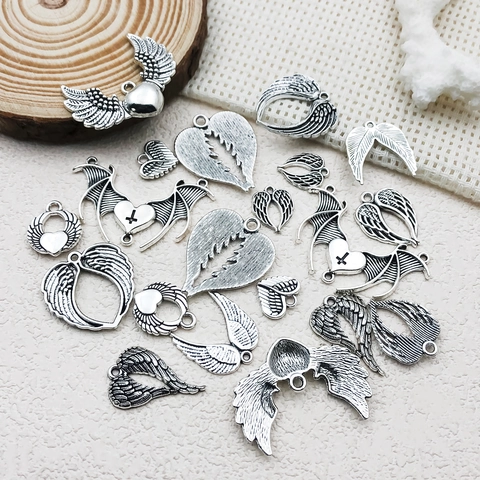 Antique Silver Alloy Punk Heart Wing Pendants For DIY Necklace Bracelet Earring Jewelry Making Gothic Angel Bat Wings Hanging Charms