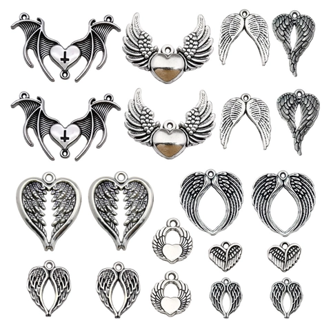 Antique Silver Alloy Punk Heart Wing Pendants For DIY Necklace Bracelet Earring Jewelry Making Gothic Angel Bat Wings Hanging Charms