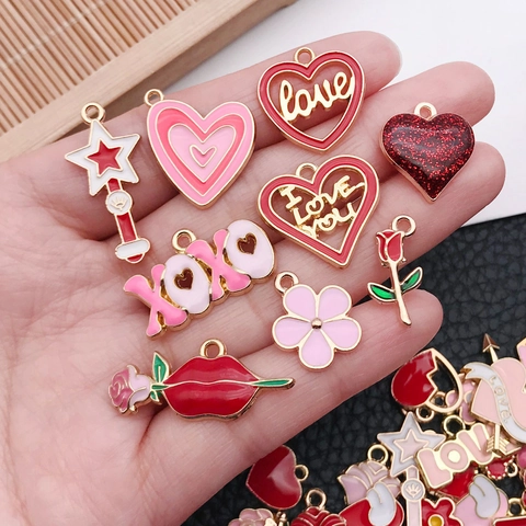 DIY Valentine's Day Alloy Enamel Heart Rose Flower Charms Pendants For Jewelry Making Bracelet Necklace Keyring Pink Red Gold