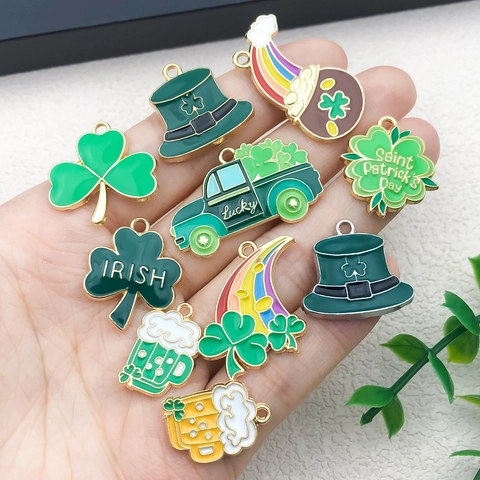 Breloques en Émail en Alliage de Zinc pour la Saint-Patrick pour la Fabrication de Bijoux DIY Trèfle Chapeau Arc-en-Ciel Pendentif Irlandais