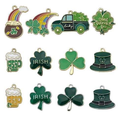 Breloques en Émail en Alliage de Zinc pour la Saint-Patrick pour la Fabrication de Bijoux DIY Trèfle Chapeau Arc-en-Ciel Pendentif Irlandais